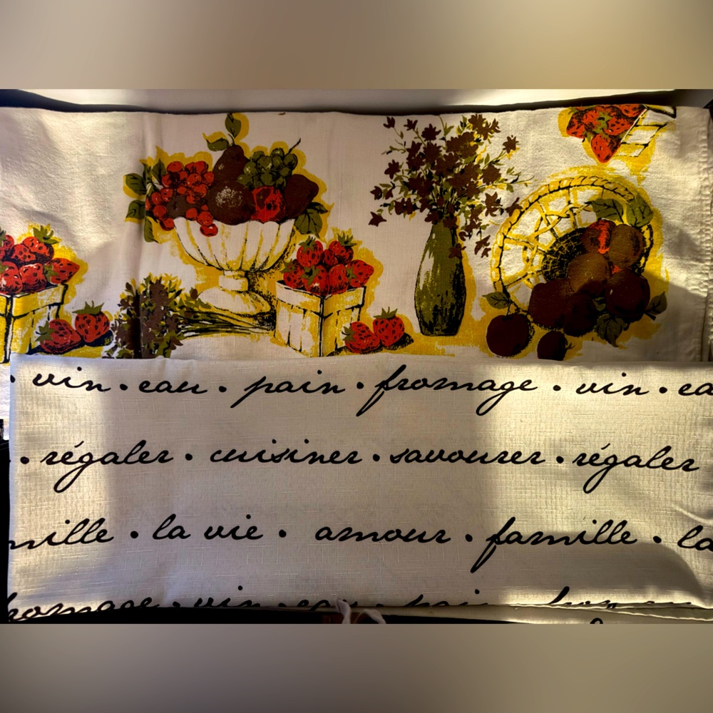 2 Vintage French Kitchen Tablecloth with Fruit and Script